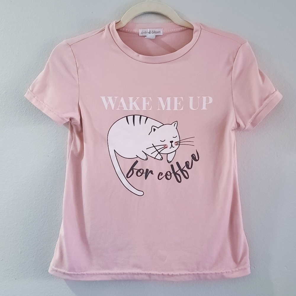 Wake Me Up For Coffee Pink Cat Tee S